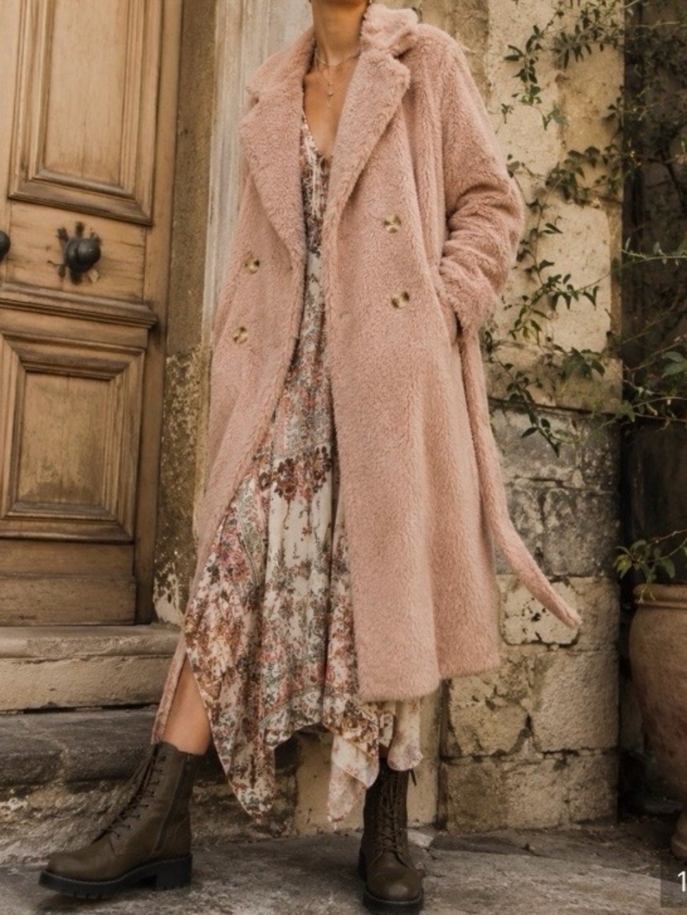 Free People Blush Pink Teddy Long Coat Faux Fur
